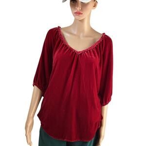 Sun dance red velvet peasant-style top V-neck with ruffle trim L